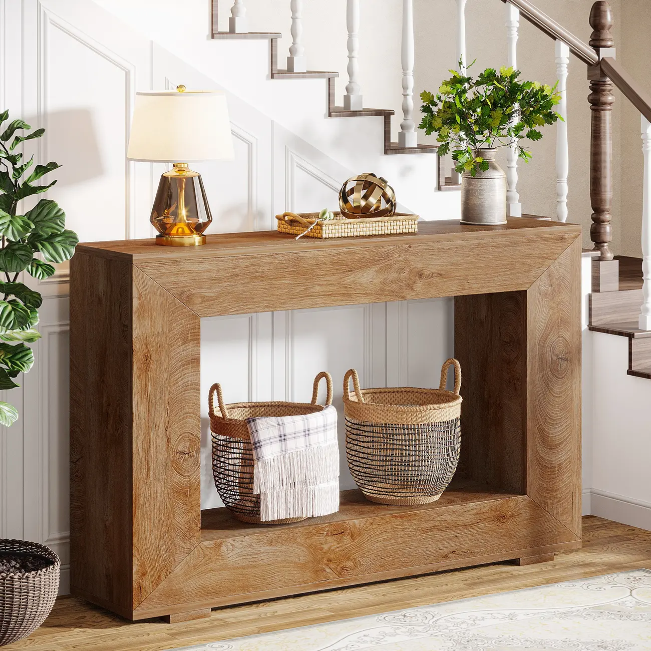 Rustic Country Wood Rectangle Console Table With Shelf Image - 7 | homeyfad