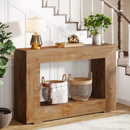 Rustic Country Wood Rectangle Console Table With Shelf Image - 7