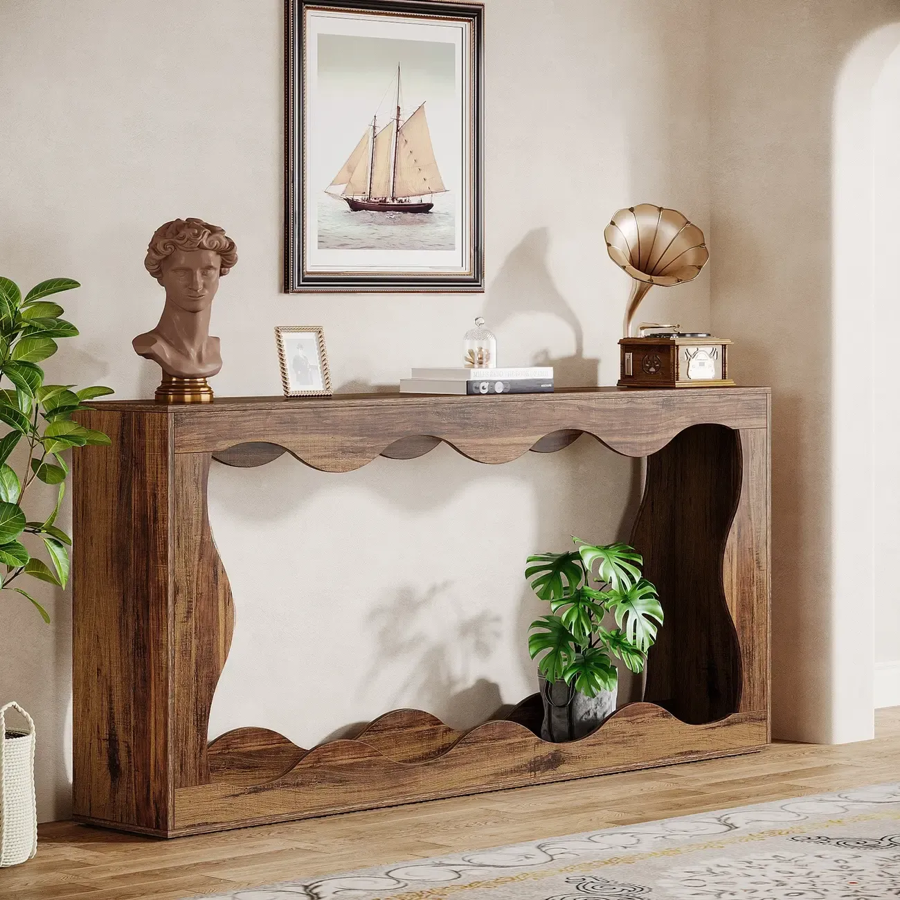 Rustic Country Wood Rectangle Console Table With Shelf Image - 8