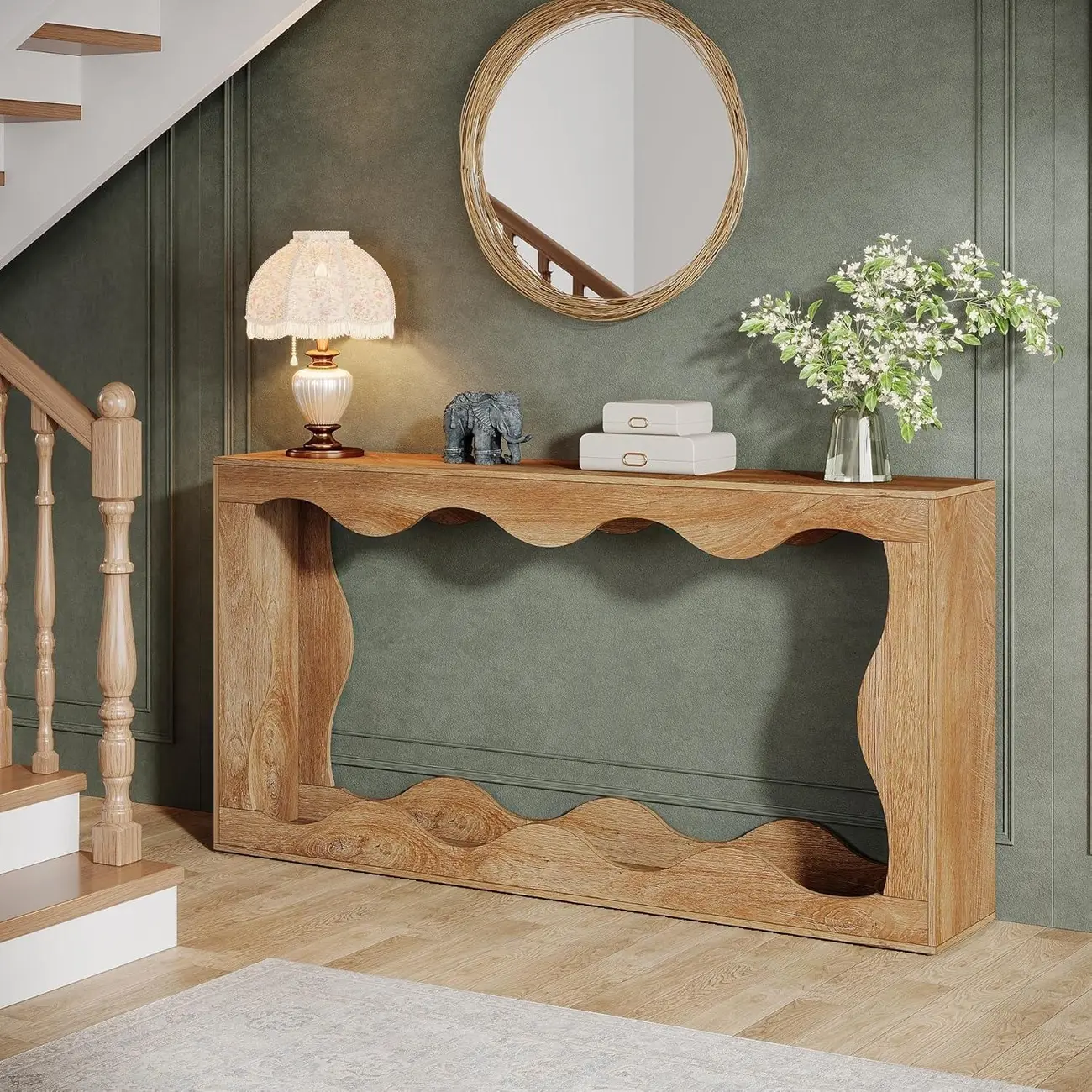 Rustic Country Wood Rectangle Console Table With Shelf Image - 9 | homeyfad