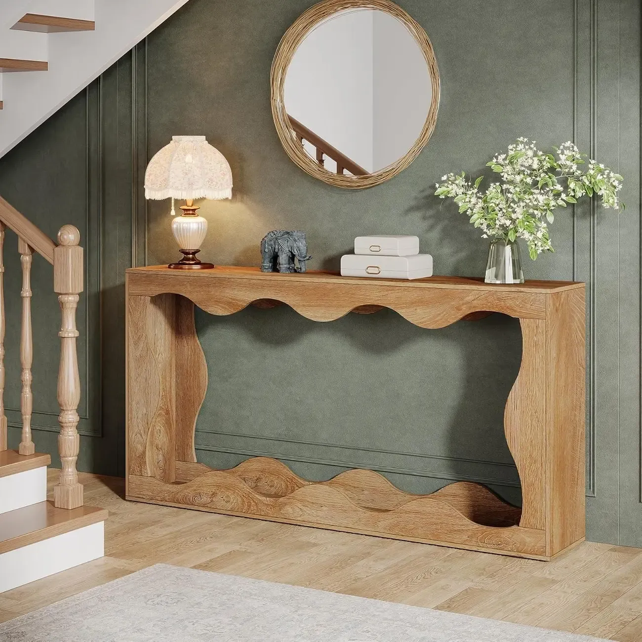 Rustic Country Wood Rectangle Console Table With Shelf Image - 9