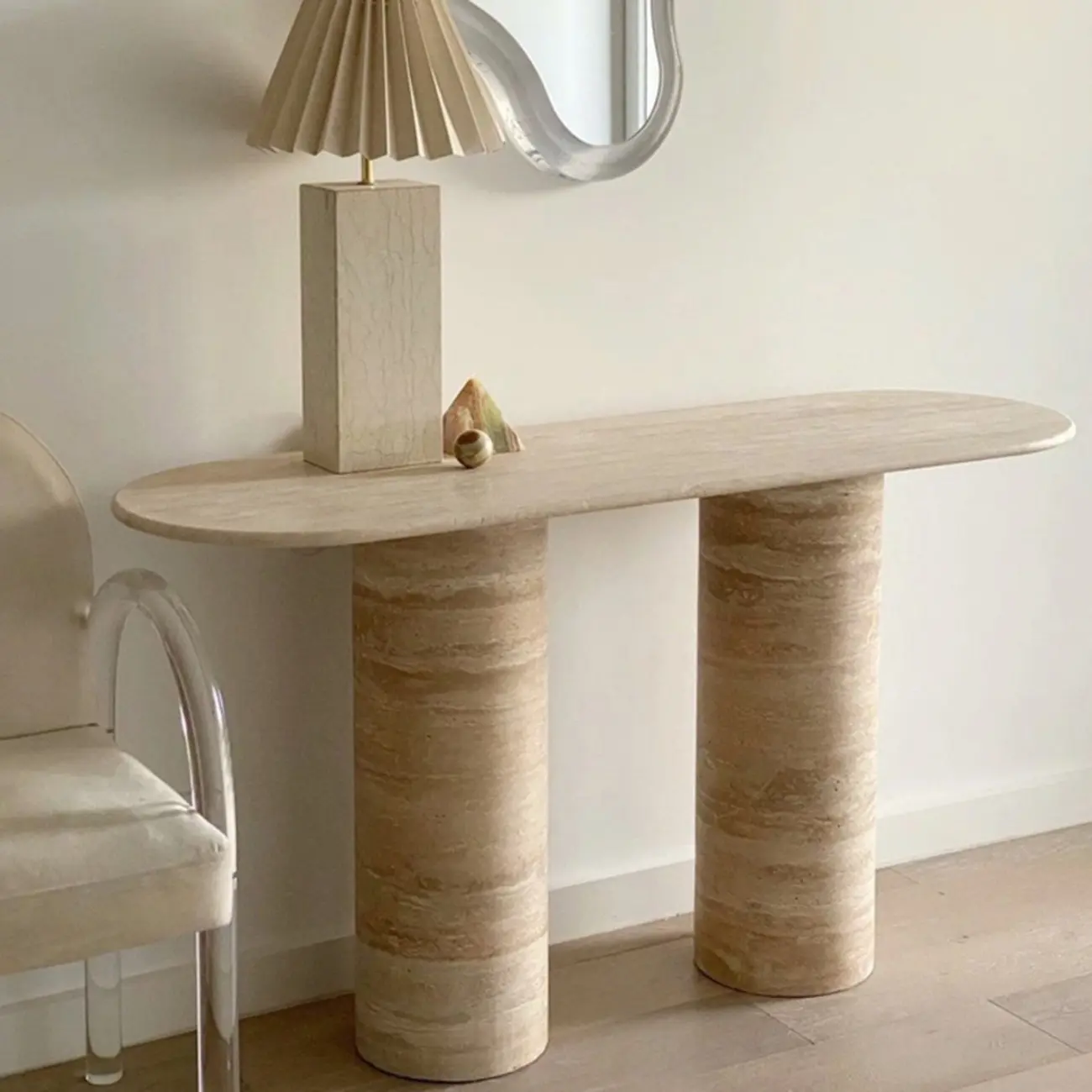 Oval Modern Yellow Travertine Stone Entryway Console Table Image - 3 | homeyfad