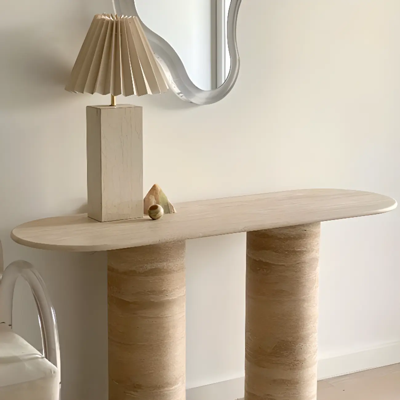 Oval Modern Yellow Travertine Stone Entryway Console Table Image - 4 | homeyfad