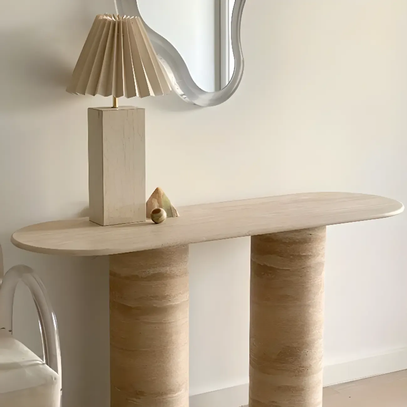 Oval Modern Yellow Travertine Stone Entryway Console Table Image - 4