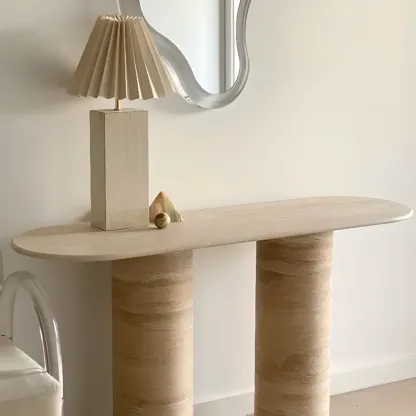 Oval Modern Yellow Travertine Stone Entryway Console Table Image - 4