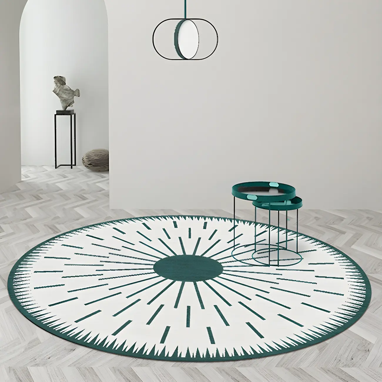 Bedroom Green/Grey Polyester Starburst Round Area Rug Image - 2 | homeyfad
