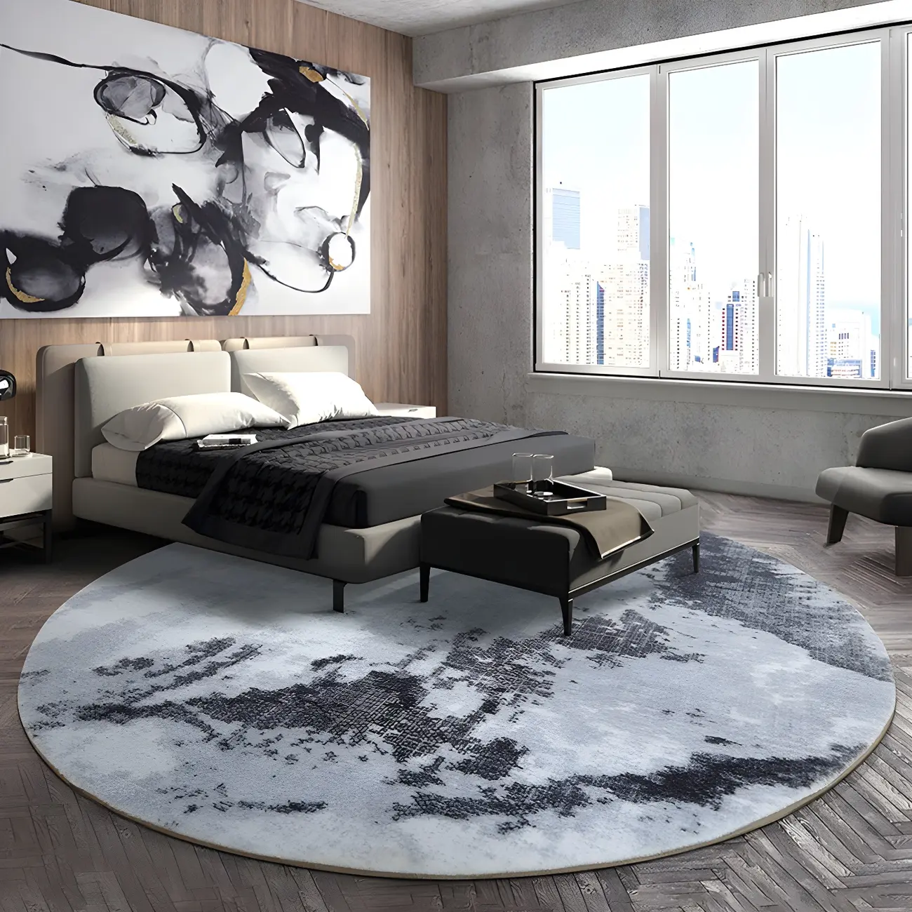 Bedroom Industrial Grey Polyester Round Area Rug Image - 1 | homeyfad
