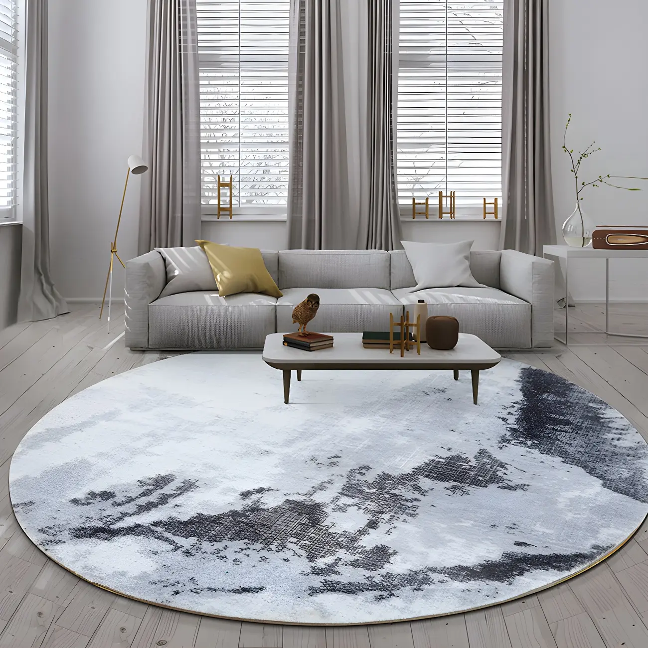Bedroom Industrial Grey Polyester Round Area Rug Image - 2 | homeyfad