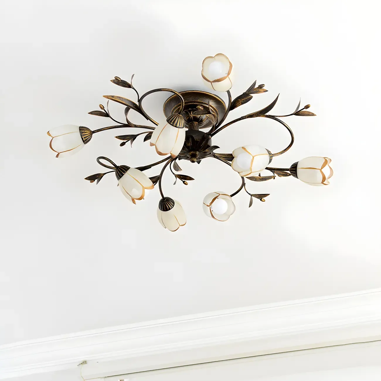 Antique Brass Vintage Floral Semi Flush Ceiling Light Image - 2