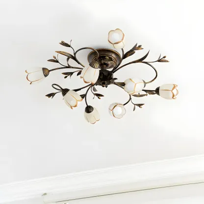Antique Brass Vintage Floral Semi Flush Ceiling Light Image - 2