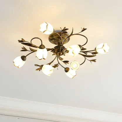 Antique Brass Vintage Floral Semi Flush Ceiling Light Image - 3