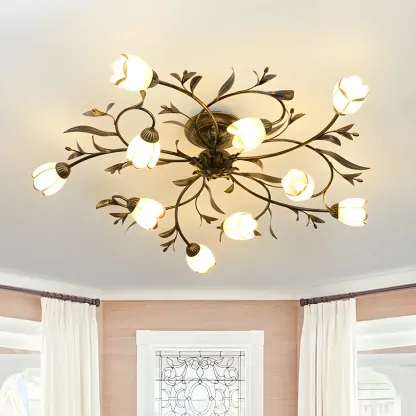 Antique Brass Vintage Floral Semi Flush Ceiling Light Image - 1