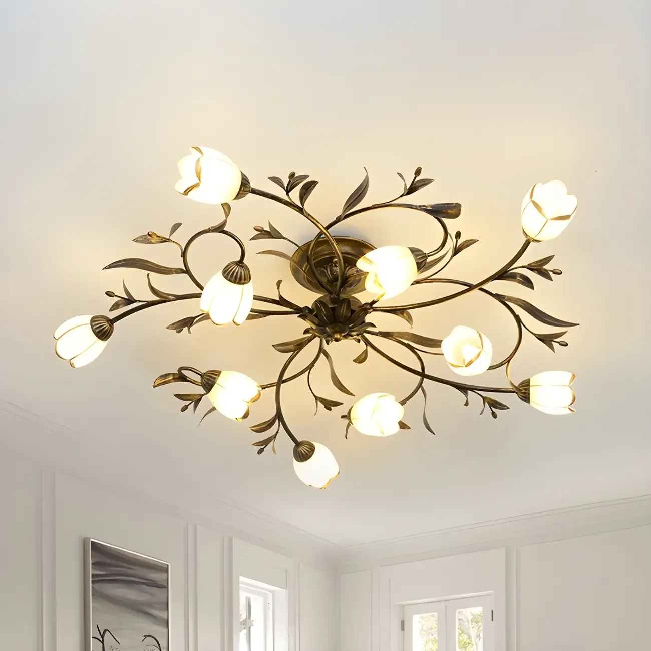 Antique Brass Vintage Floral Semi Flush Ceiling Light Image - 7