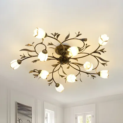 Antique Brass Vintage Floral Semi Flush Ceiling Light Image - 7