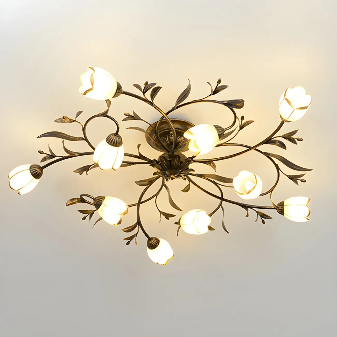 Antique Brass Vintage Floral Semi Flush Ceiling Light Image - 8