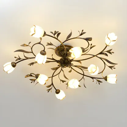 Antique Brass Vintage Floral Semi Flush Ceiling Light Image - 8