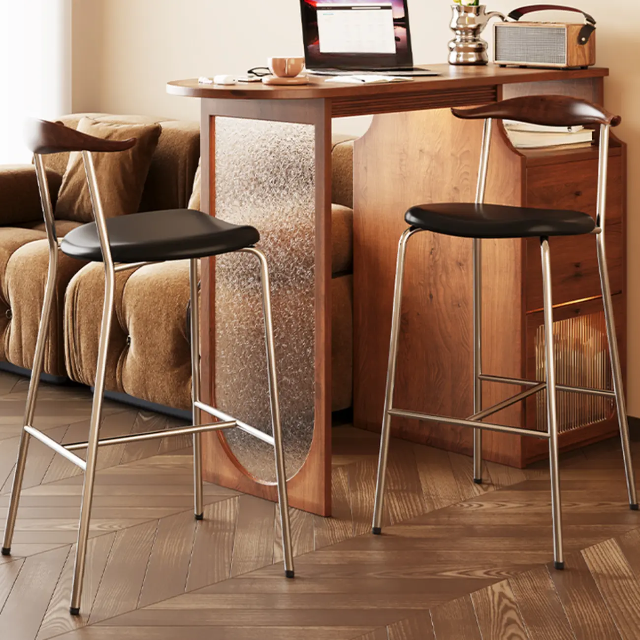 Scandinavian Metal Frame Armless Bar Stools Wood Back Image - 2 | homeyfad
