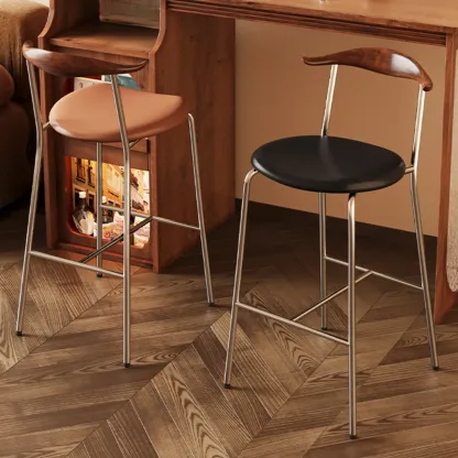 Scandinavian Metal Frame Armless Bar Stools Wood Back Image - 1