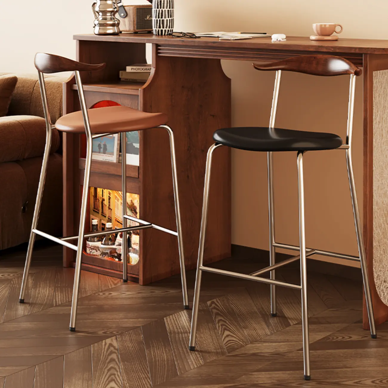 Scandinavian Metal Frame Armless Bar Stools Wood Back Image - 3 | homeyfad