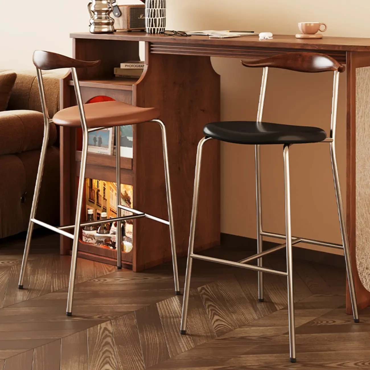 Scandinavian Metal Frame Armless Bar Stools Wood Back Image - 3