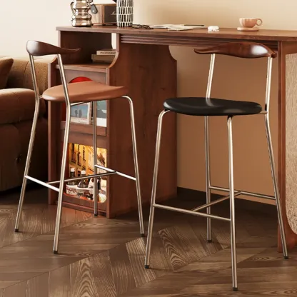 Scandinavian Metal Frame Armless Bar Stools Wood Back Image - 3