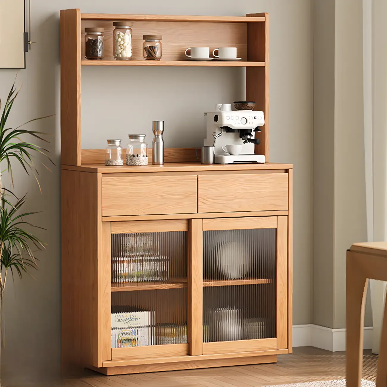 Modern Wood Narrow Buffet with Drawers and Sliding Doors Image - 1