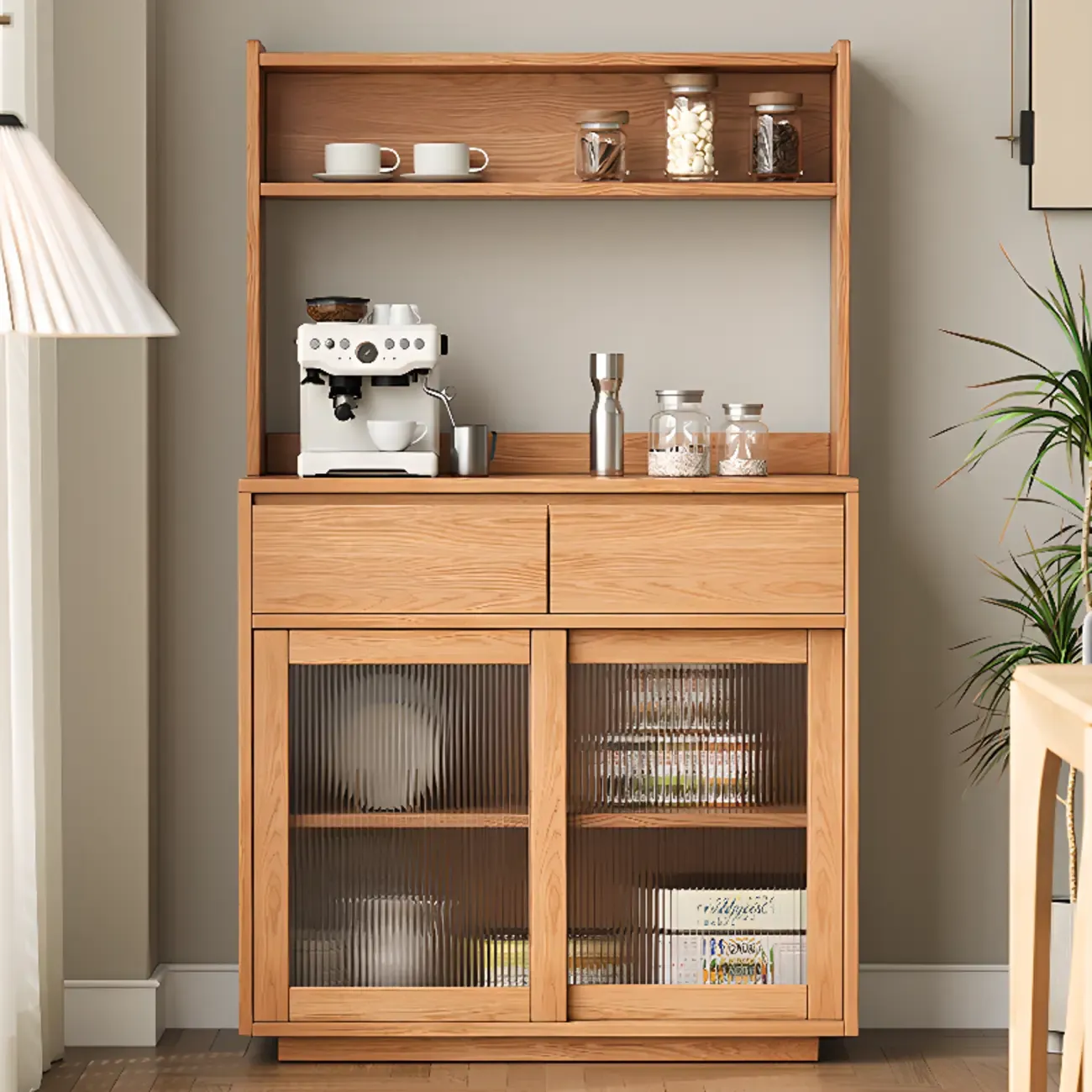 Modern Wood Narrow Buffet with Drawers and Sliding Doors Image - 4