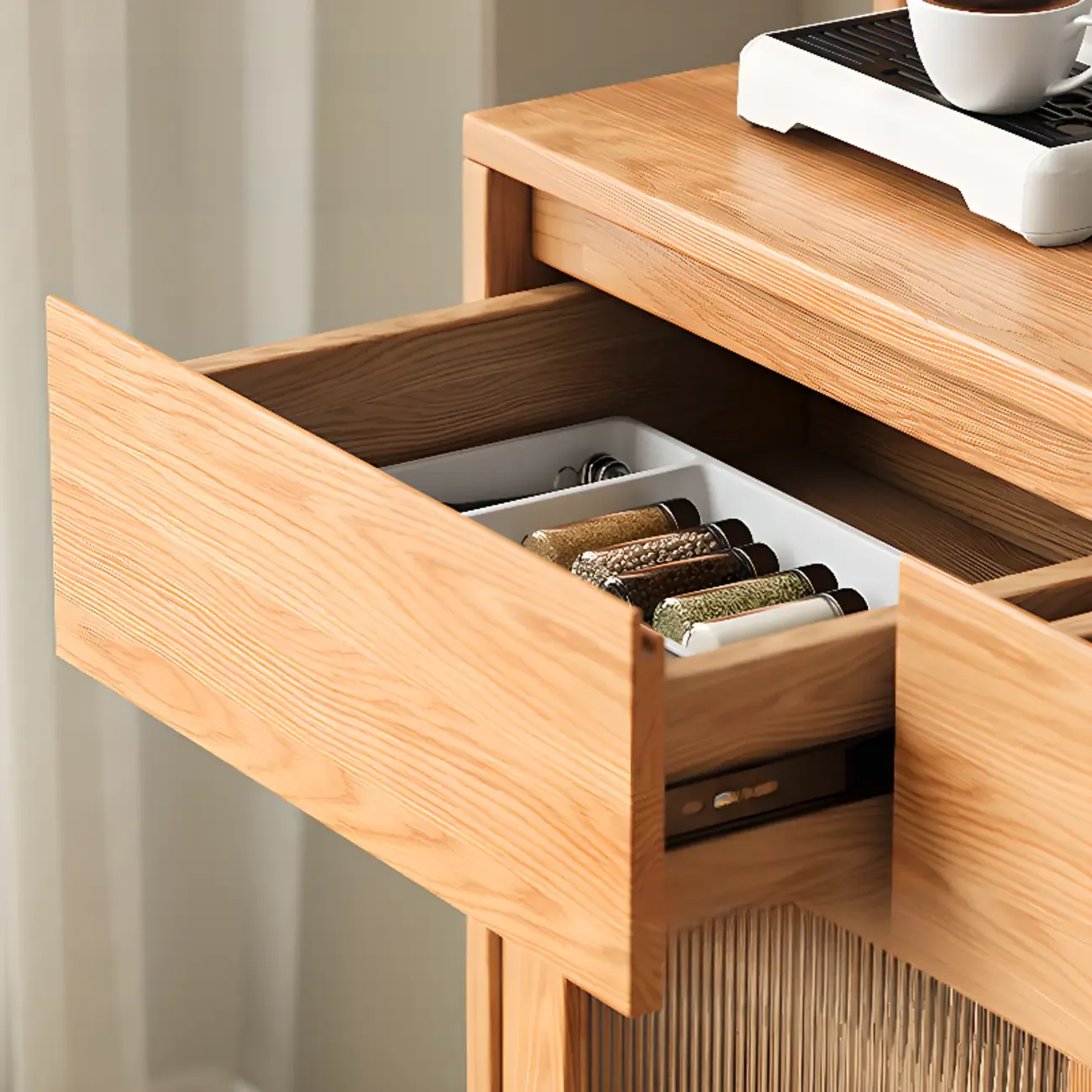 Modern Wood Narrow Buffet with Drawers and Sliding Doors Image - 6