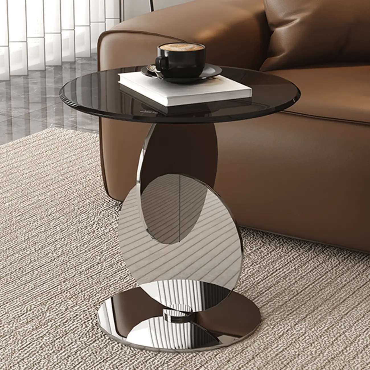 Modern Round Glass Top Stainless Pedestal Side Table Image - 1 | homeyfad