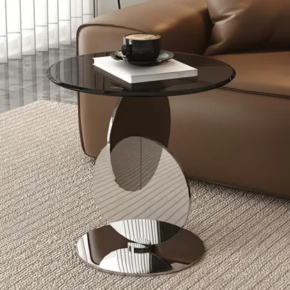 Modern Round Glass Top Stainless Pedestal Side Table Image - 1