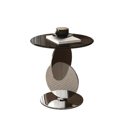 Modern Round Glass Top Stainless Pedestal Side Table Image - 2