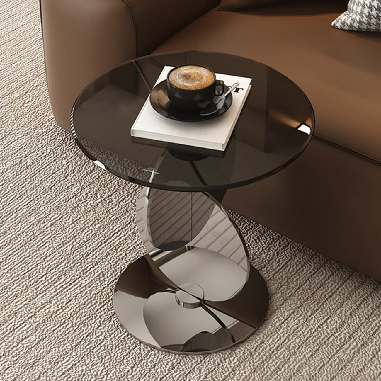 Modern Round Glass Top Stainless Pedestal Side Table Image - 4 | homeyfad