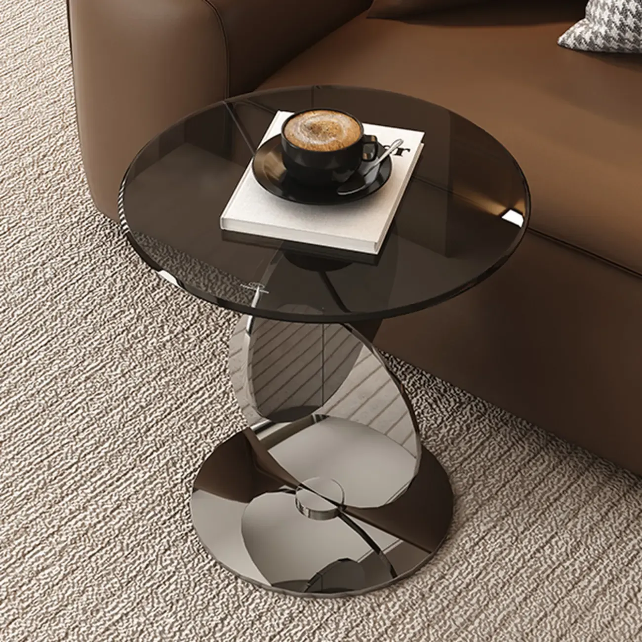 Modern Round Glass Top Stainless Pedestal Side Table Image - 4