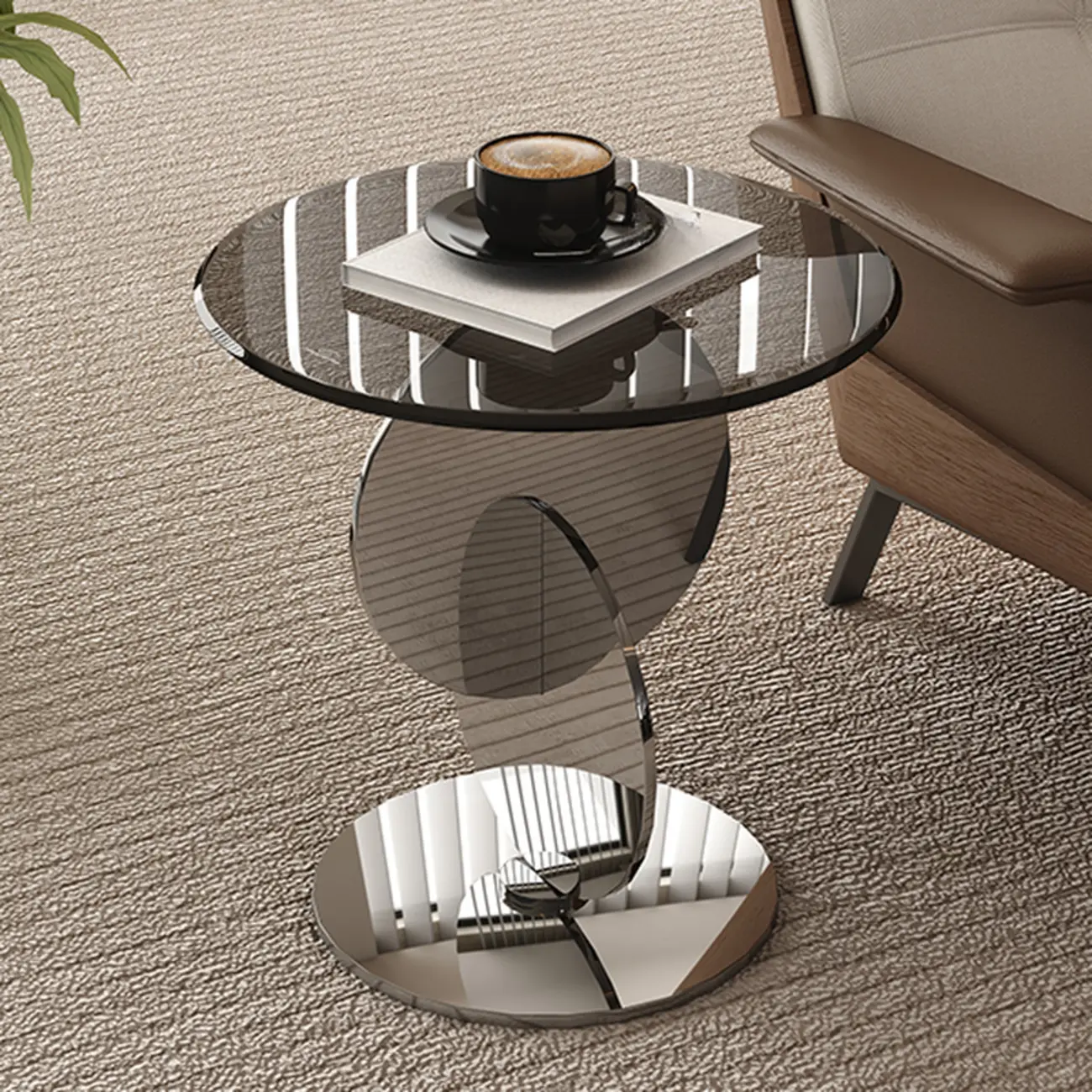 Modern Round Glass Top Stainless Pedestal Side Table Image - 5 | homeyfad