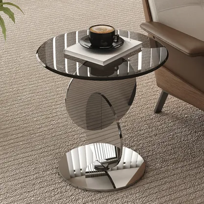 Modern Round Glass Top Stainless Pedestal Side Table Image - 5