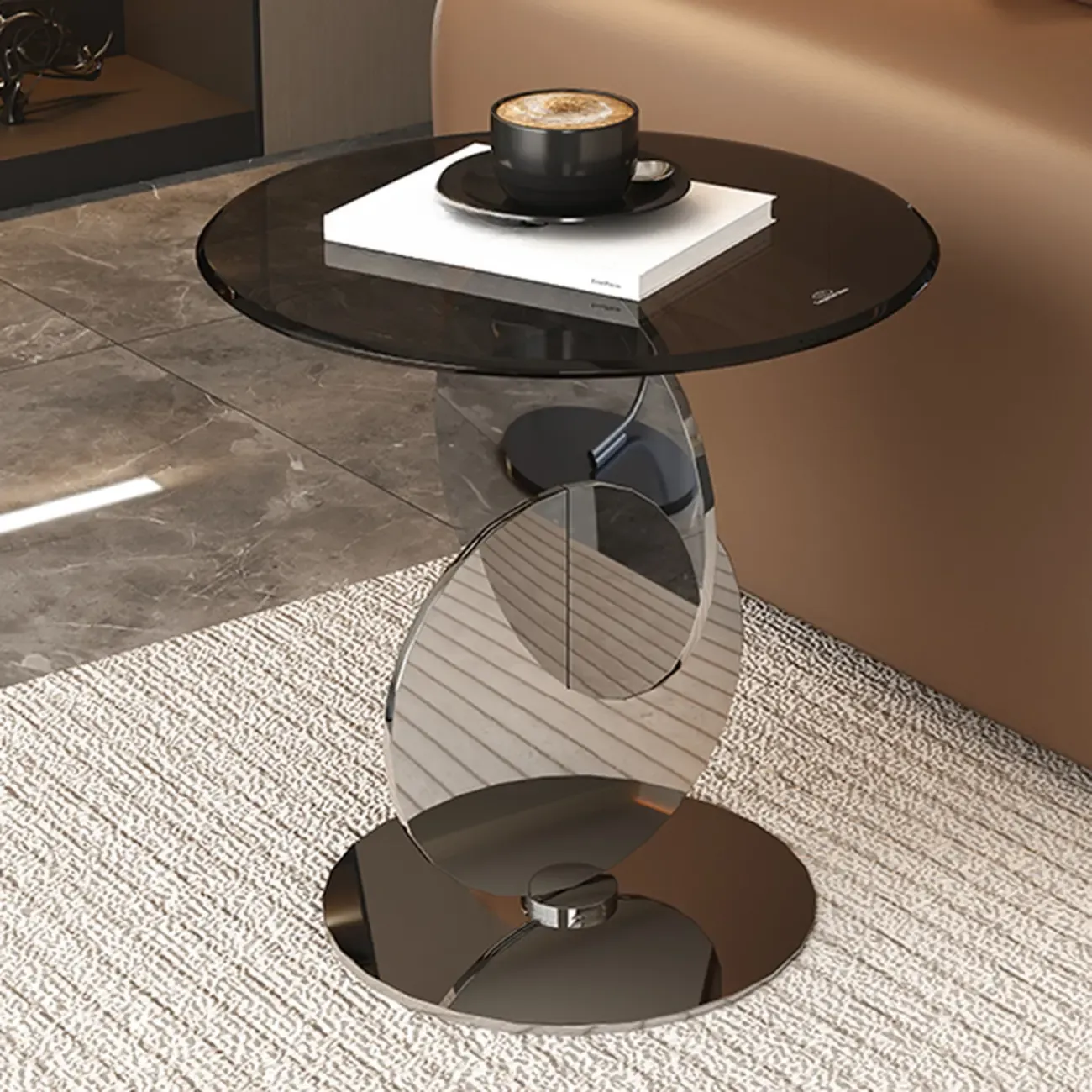 Modern Round Glass Top Stainless Pedestal Side Table Image - 6