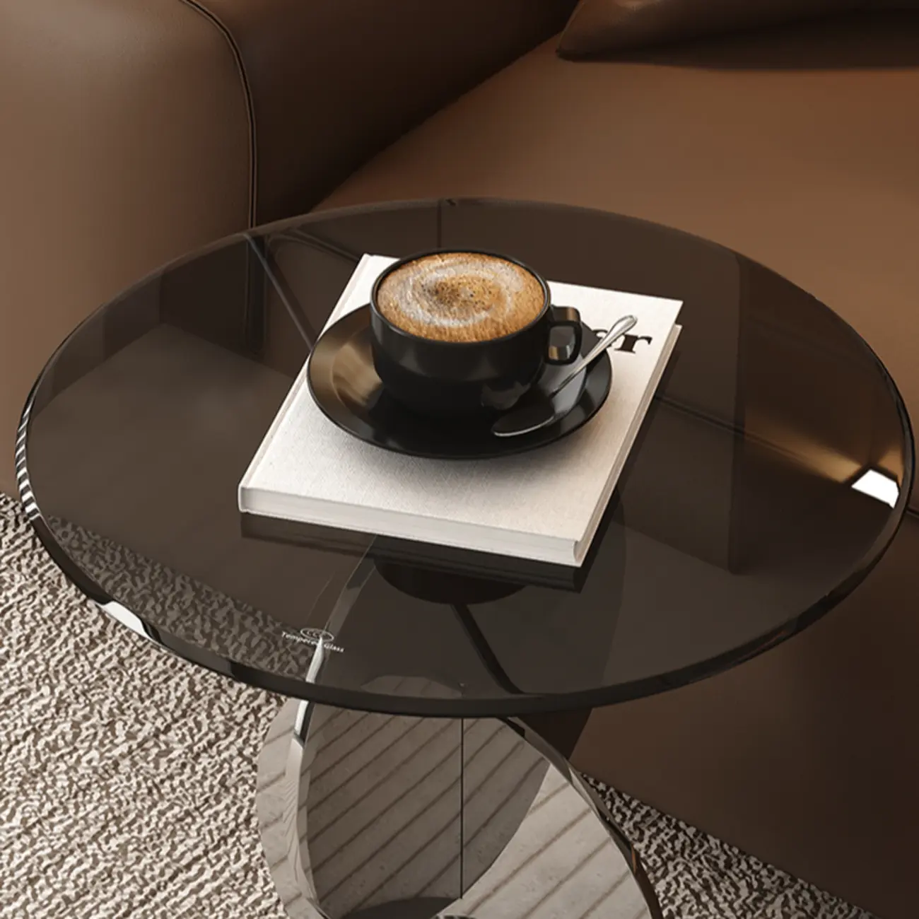 Modern Round Glass Top Stainless Pedestal Side Table Image - 7 | homeyfad