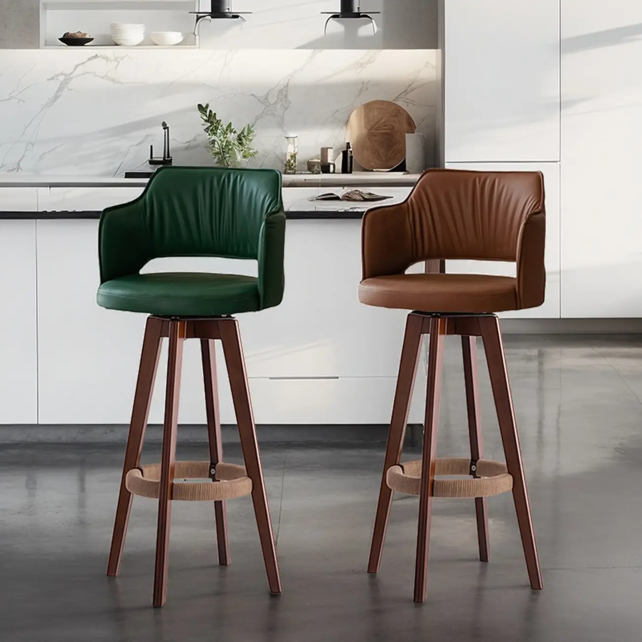 Counter Swivel Leather Wooden Bar Stools With Footrest Image - 1 | homeyfad