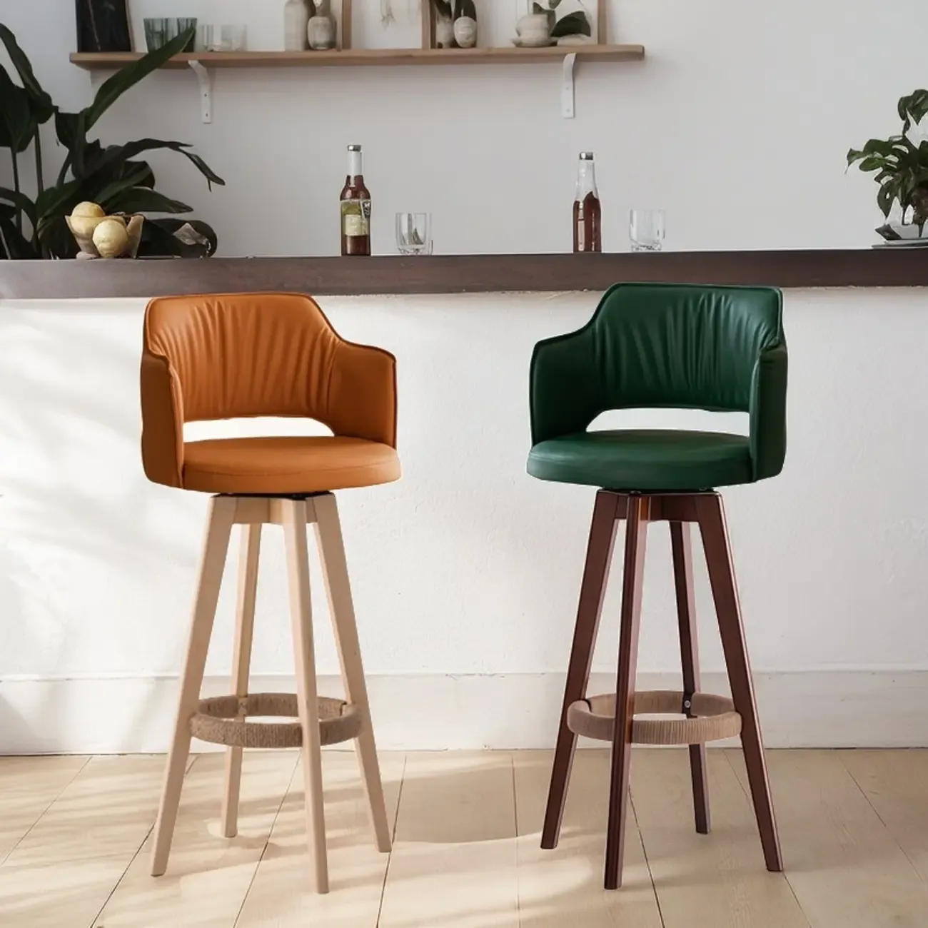 Counter Swivel Leather Wooden Bar Stools With Footrest Image - 2