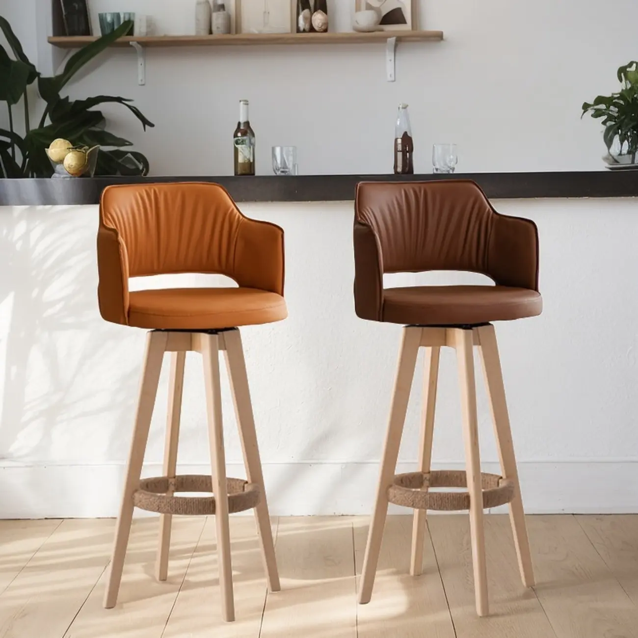 Counter Swivel Leather Wooden Bar Stools With Footrest Image - 3 | homeyfad