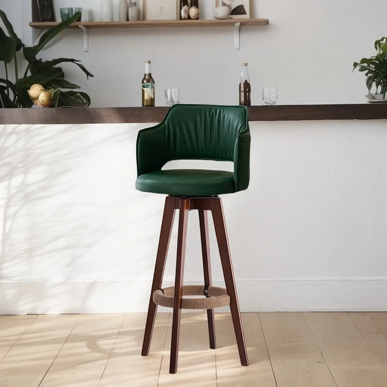 Counter Swivel Leather Wooden Bar Stools With Footrest Image - 4 | homeyfad