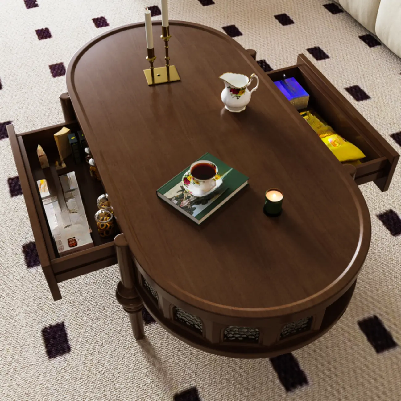 Mid Century Modern 2-drawer Oval Wood Coffee Table With Legs Image - 2 | homeyfad