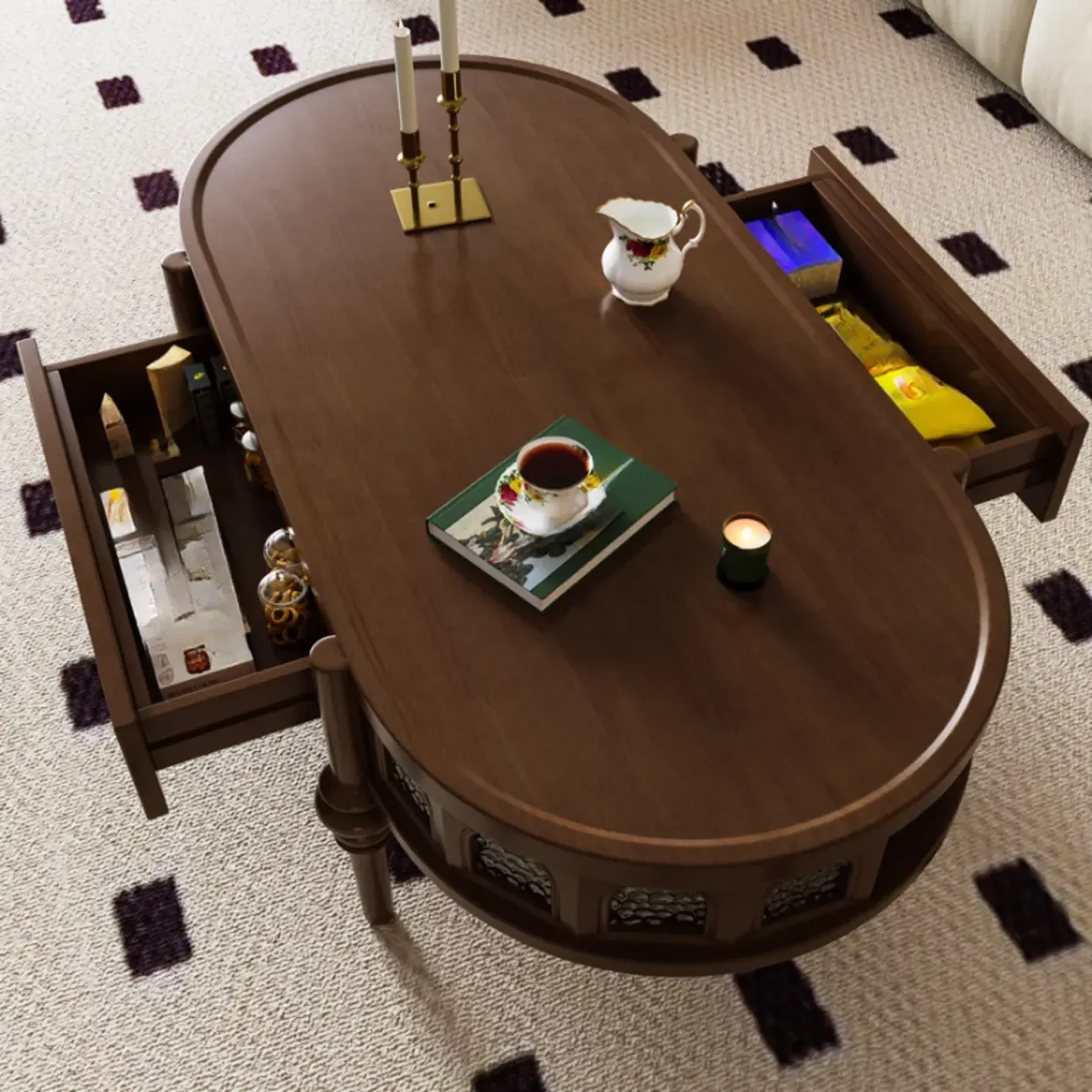 Mid Century Modern 2-drawer Oval Wood Coffee Table With Legs Image - 2