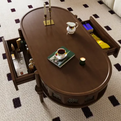 Mid Century Modern 2-drawer Oval Wood Coffee Table With Legs Image - 2