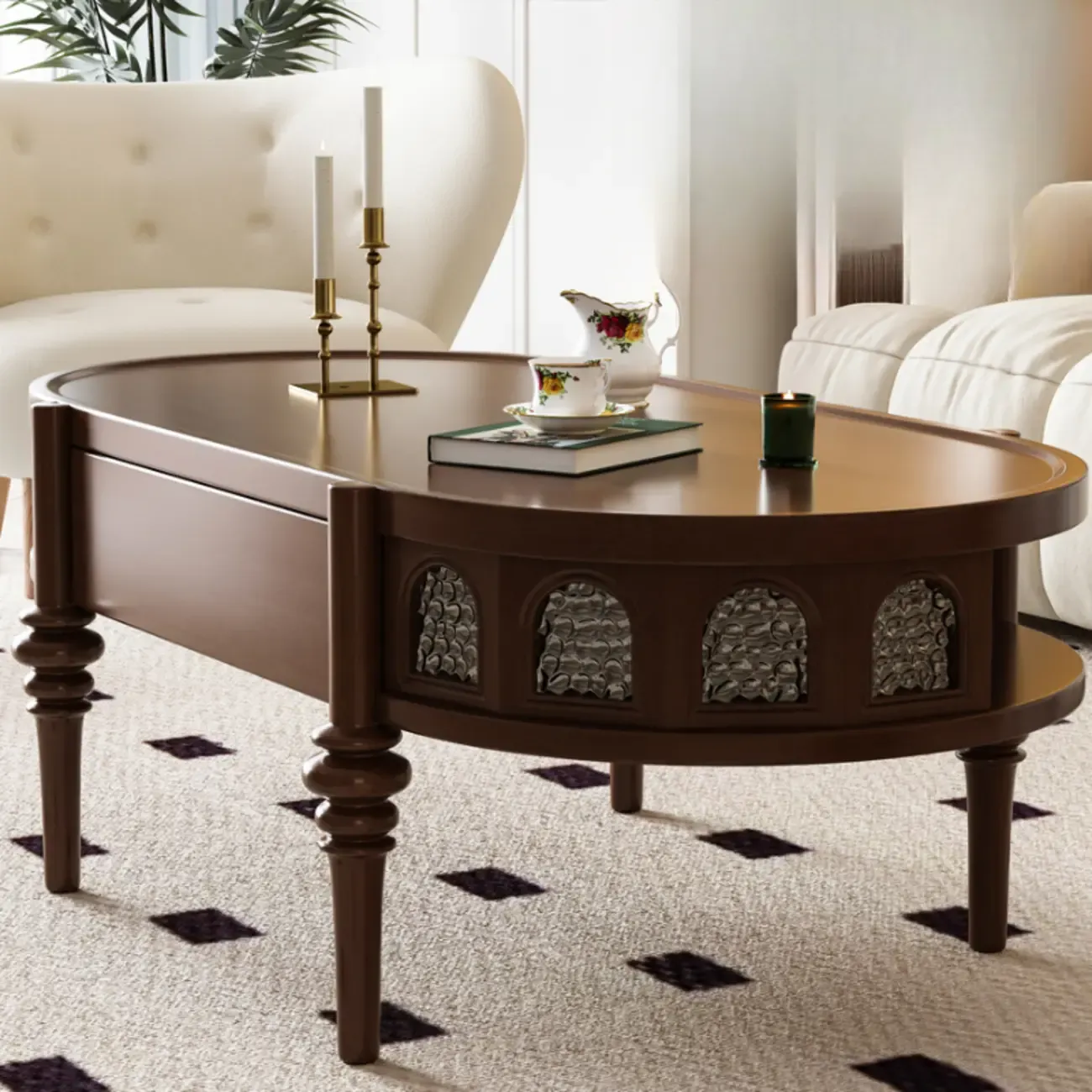 Mid Century Modern 2-drawer Oval Wood Coffee Table With Legs Image - 3