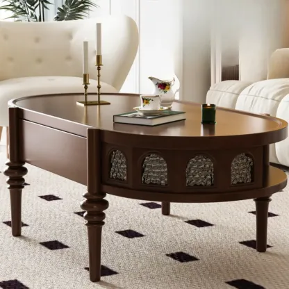 Mid Century Modern 2-drawer Oval Wood Coffee Table With Legs Image - 3