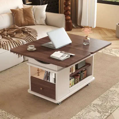 Rectangle Foldable Lift Top Wood Metal Side Table with Wheels Image - 3
