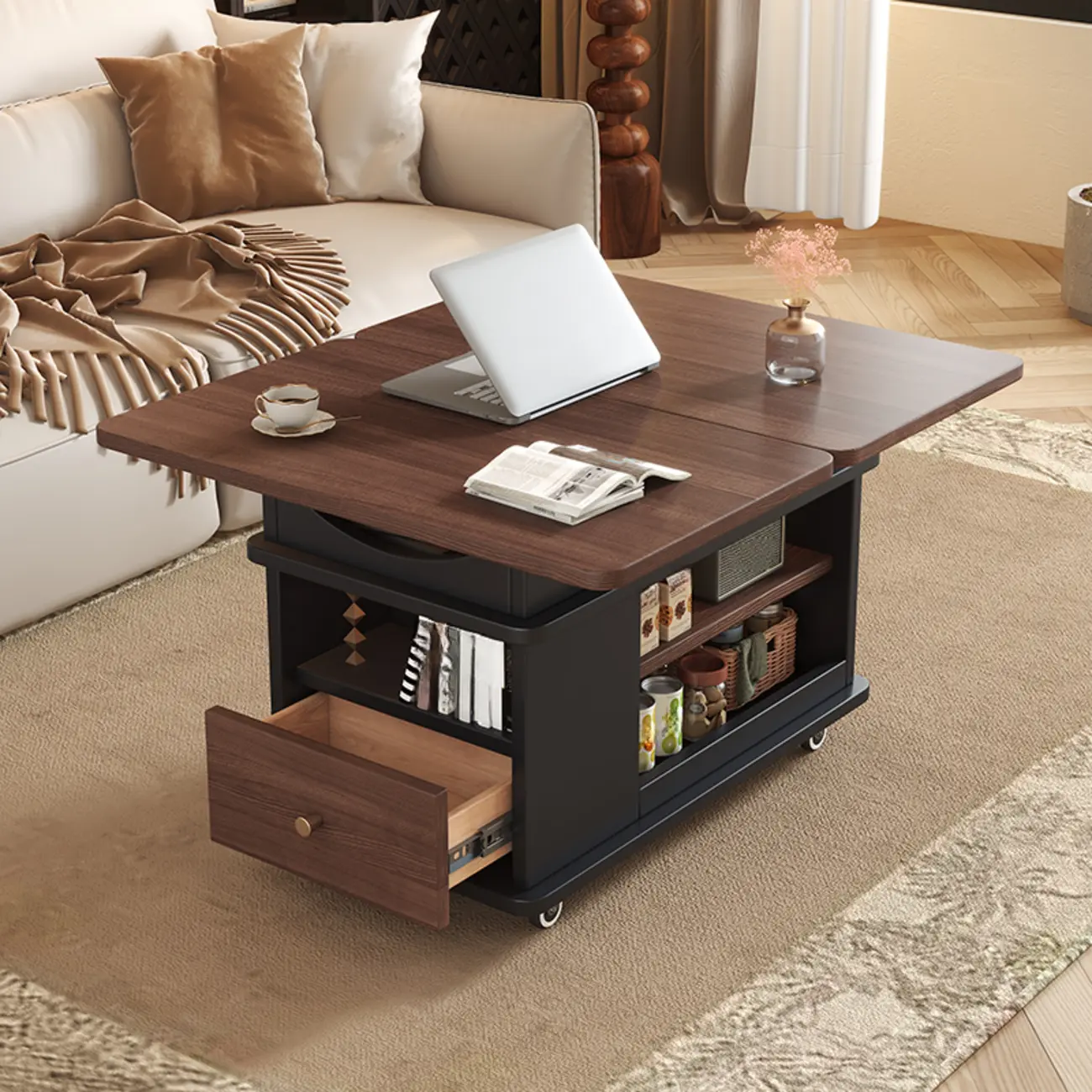Rectangle Foldable Lift Top Wood Metal Side Table with Wheels Image - 2 | homeyfad