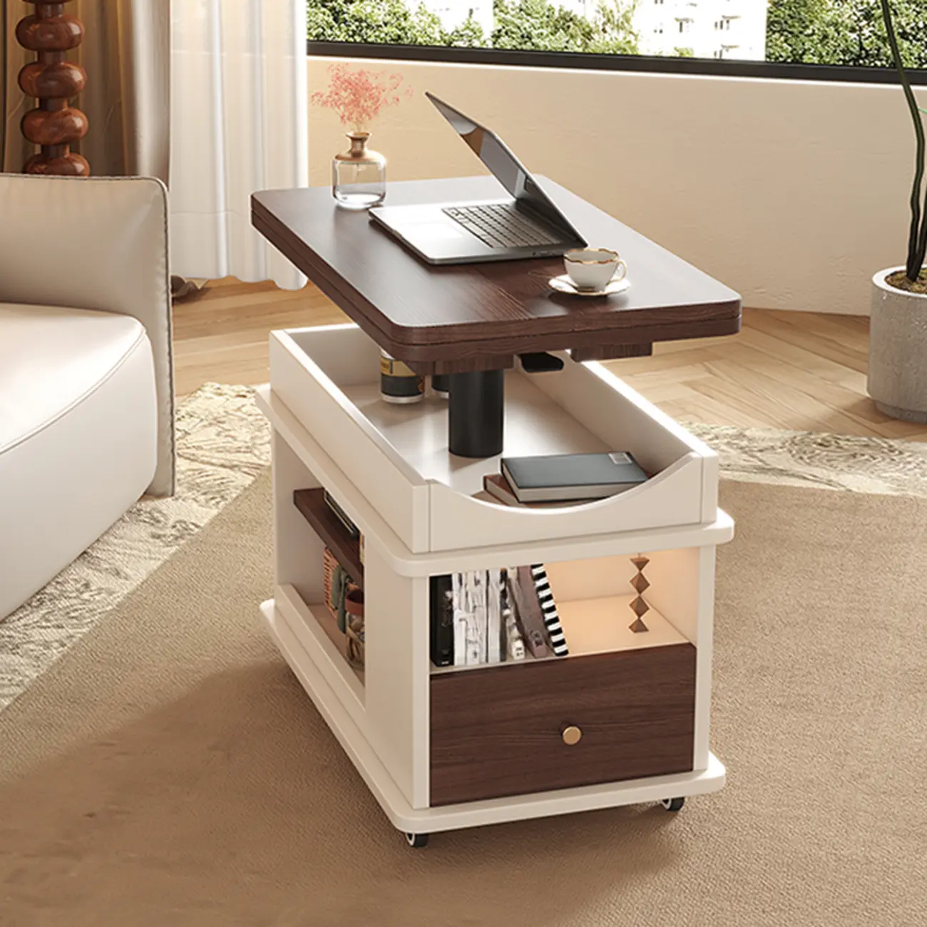 Rectangle Foldable Lift Top Wood Metal Side Table with Wheels Image - 4 | homeyfad