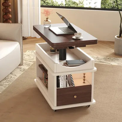 Rectangle Foldable Lift Top Wood Metal Side Table with Wheels Image - 4